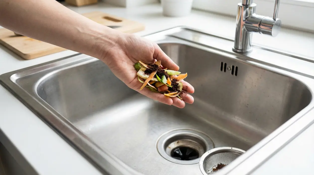 Una mano tiene degli scarti alimentari sopra un lavello da cucina in acciaio