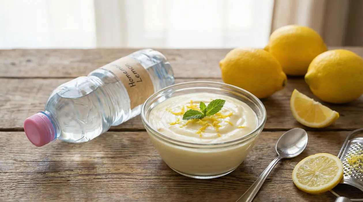 Crema al limone in ciotola di vetro con scorza e foglia di menta, accanto a limoni freschi e bottiglia d'acqua