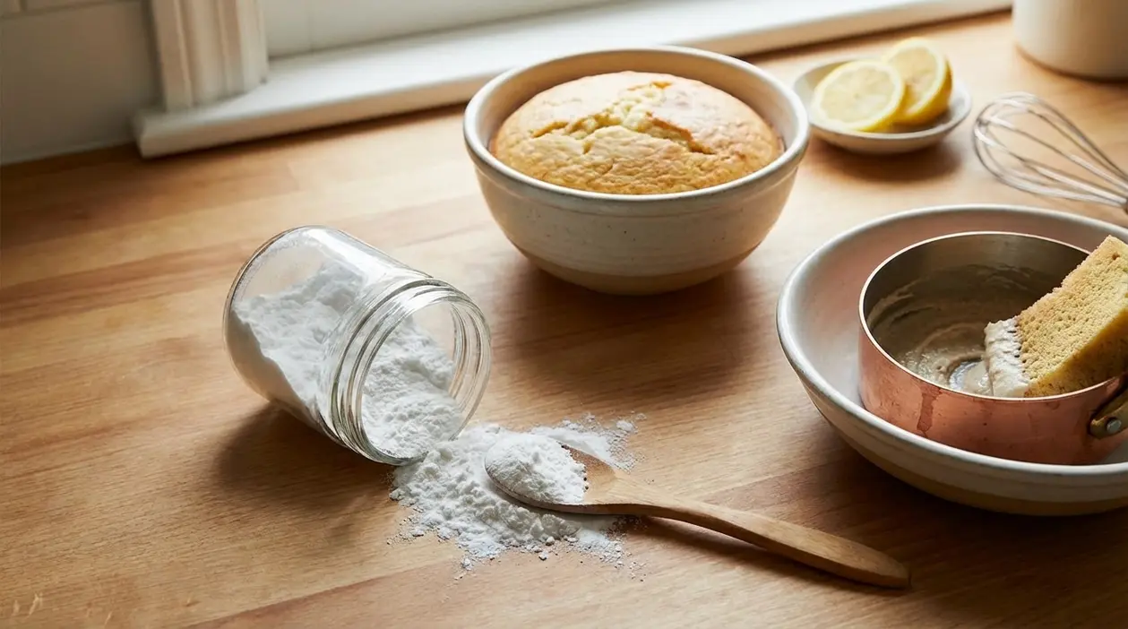 Barattolo di cremor tartaro rovesciato su un tavolo da cucina con ciotole, dolce e utensili da forno