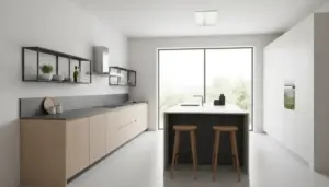 Cucina moderna minimal con isola e scaffali a vista al posto dei pensili alti, illuminata da grande finestra