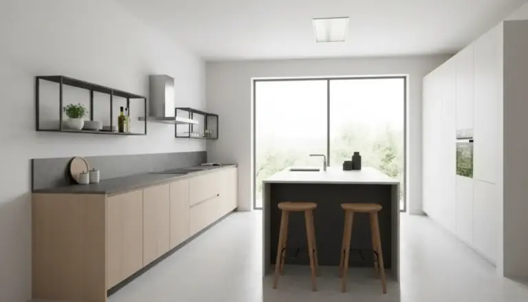 Cucina moderna minimal con isola e scaffali a vista al posto dei pensili alti, illuminata da grande finestra