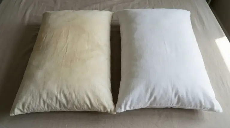 Due cuscini su un letto, uno ingiallito e l'altro bianco e pulito