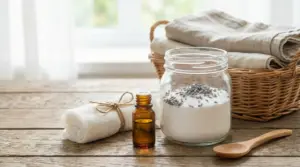 Barattolo con bicarbonato e lavanda, flaconcino di olio essenziale e garza: ingredienti per deodorante per armadi fai da te