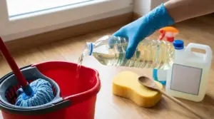 Persona versa un detergente fatto in casa in un secchio con mocio su pavimento in legno