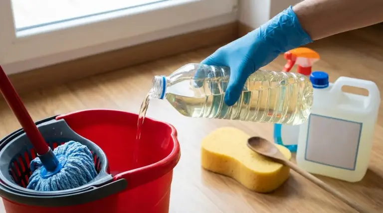 Persona versa un detergente fatto in casa in un secchio con mocio su pavimento in legno