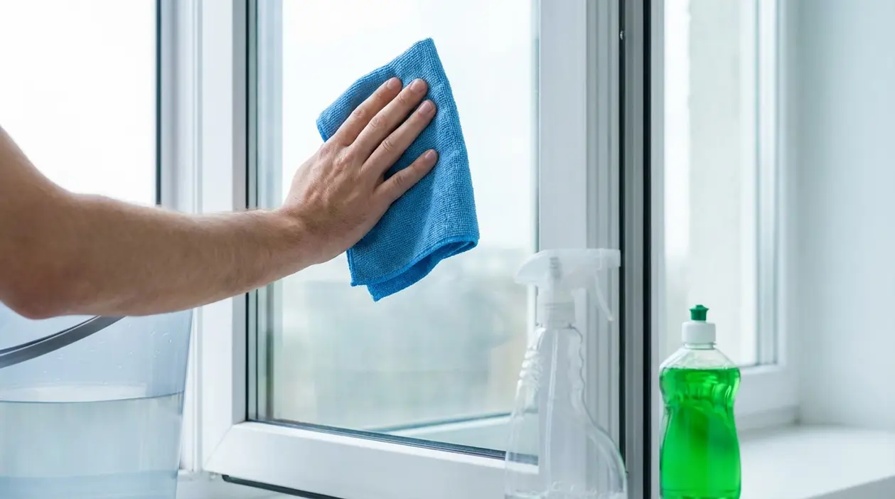 Mano che pulisce un vetro con panno in microfibra vicino a flacone spray e detersivo per piatti