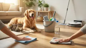 Cane e gatto in soggiorno mentre una persona pulisce il pavimento con panni e detergenti, in modo sicuro per animali