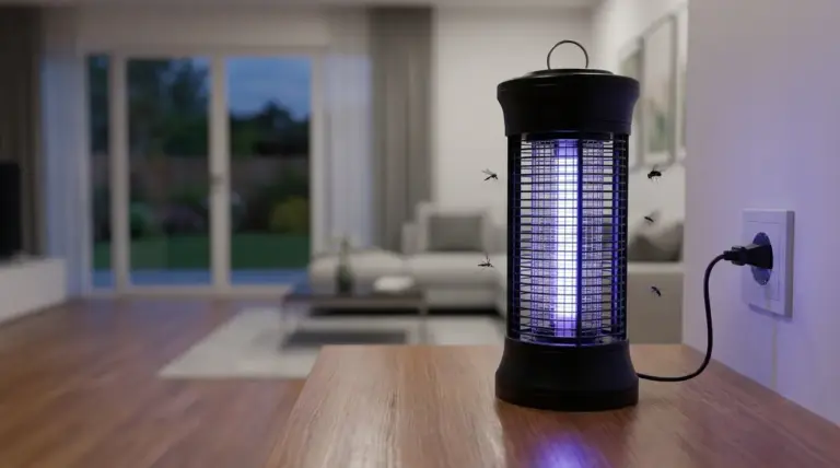 Lampada antizanzare elettrica su un tavolo in soggiorno, collegata alla presa, con insetti attorno
