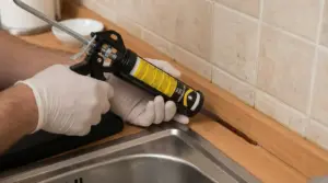 Mani con guanti applicano gel antiblattete lungo il bordo del lavello in cucina