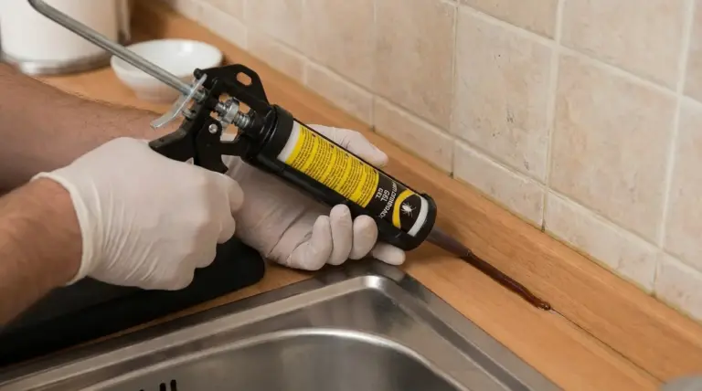 Mani con guanti applicano gel antiblattete lungo il bordo del lavello in cucina