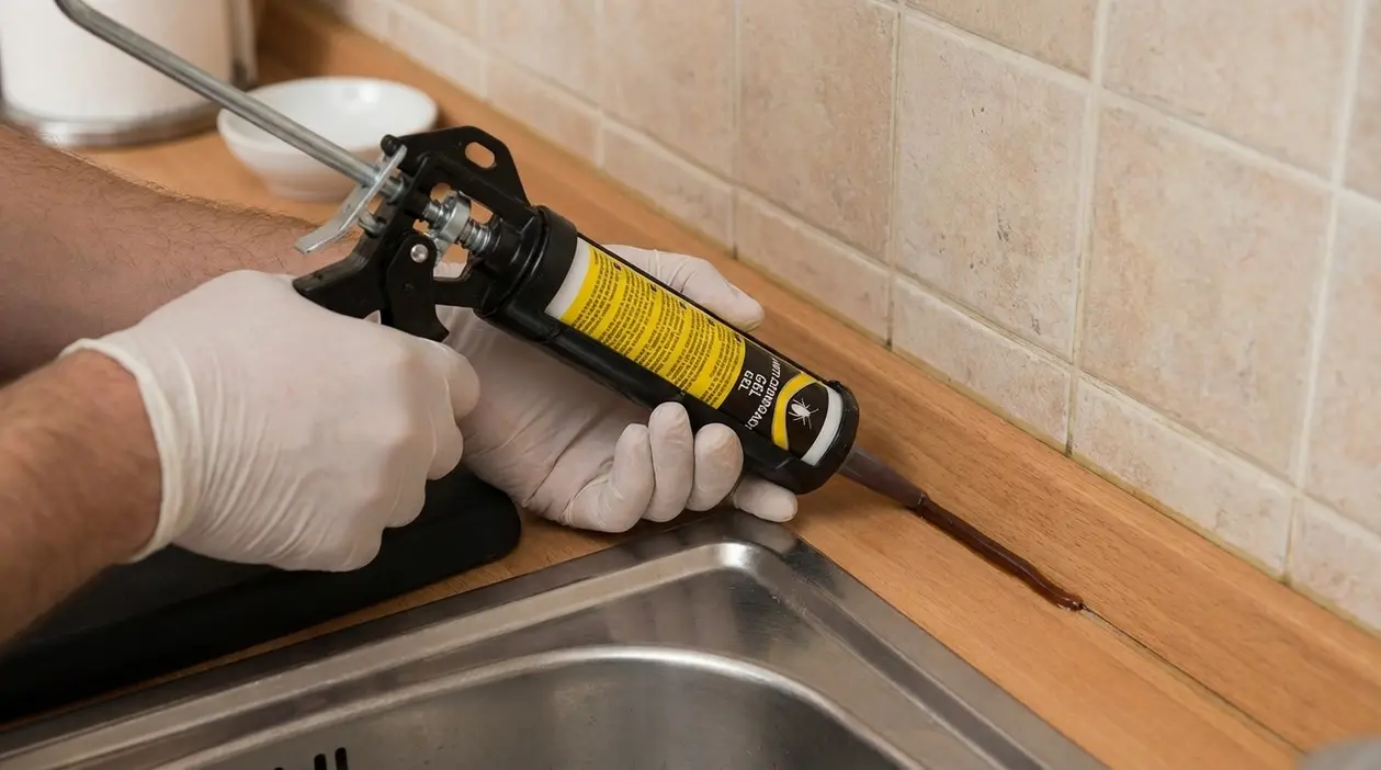 Mani con guanti applicano gel antiblattete lungo il bordo del lavello in cucina