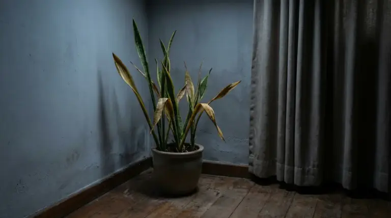 Sansevieria in vaso con foglie ingiallite in un angolo poco luminoso vicino a una tenda