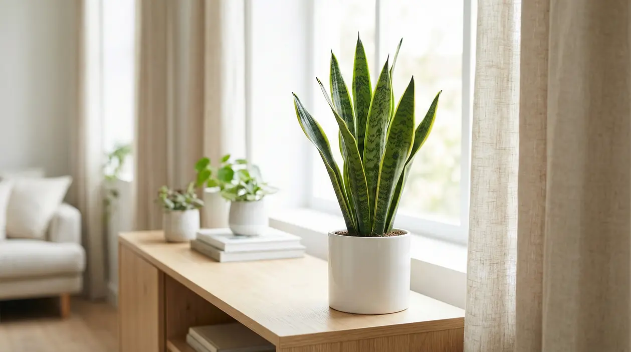 Sansevieria in vaso bianco posizionata su un mobile vicino a una finestra luminosa