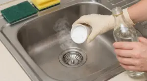 Mani con guanti versano bicarbonato e aceto nello scarico del lavandino per eliminare cattivi odori senza smontare