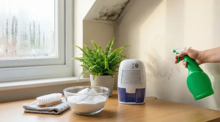Una mano spruzza un prodotto su una parete con muffa accanto a un deumidificatore e bicarbonato