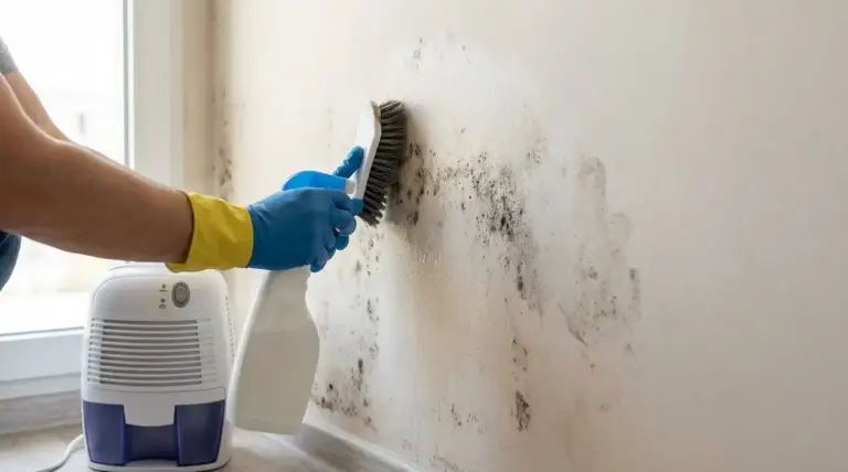 Persona pulisce muffa e umidità su una parete interna con spazzola, spray e deumidificatore vicino