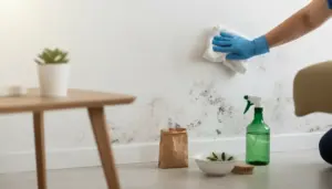 Persona con guanti pulisce una parete con muffa usando un panno, senza rovinare la pittura