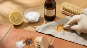 Rimozione di macchie di ruggine con limone, sale e spazzola su tessuto e piastrelle
