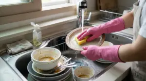 Persona con guanti rosa lava un piatto sopra un lavandino pieno di stoviglie sporche