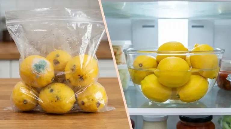 Limoni ammuffiti in un sacchetto di plastica e limoni freschi conservati in una ciotola d’acqua in frigorifero