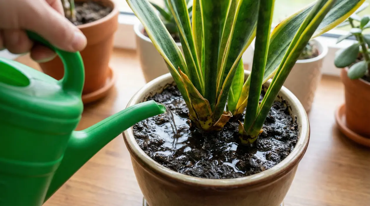 Annaffiatura eccessiva di una pianta di sansevieria in vaso