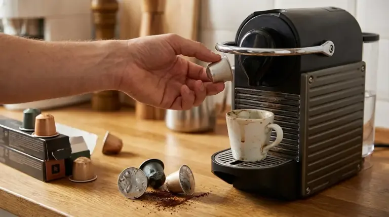 Mano inserisce una capsula in una macchina da caffè a capsule, con capsule usate e caffè macinato sul tavolo