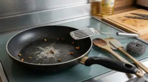 Padella antiaderente graffiata sul piano cottura con utensili metallici e residui di cibo