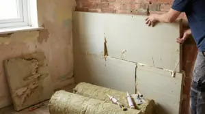 Posa di pannelli isolanti su parete interna in ristrutturazione, con lana minerale e attrezzi da lavoro a terra