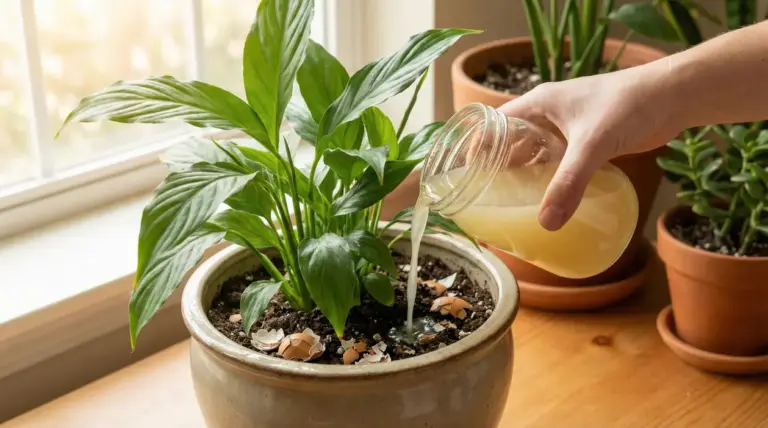 Mano che versa fertilizzante naturale in una pianta d'appartamento in vaso