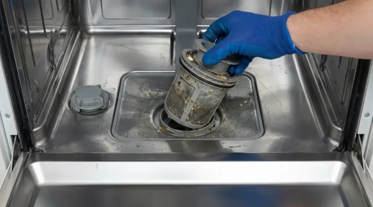 Mano con guanto che rimuove il filtro sporco dal fondo della lavastoviglie per pulirlo