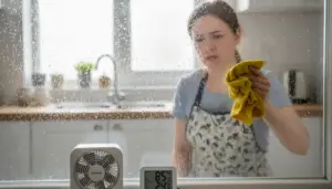 Persona in cucina pulisce una finestra appannata con un panno, con condensa e umidità visibili sul vetro