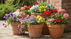 Vasi di terracotta con fiori colorati in un giardino soleggiato