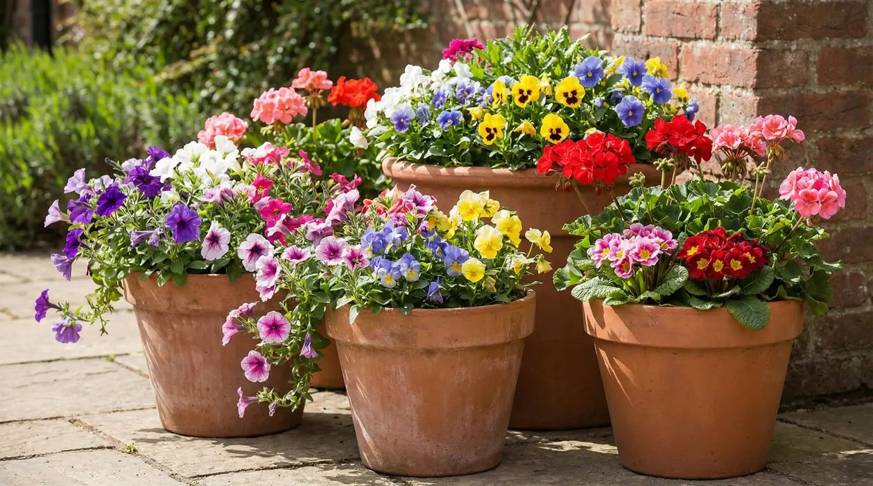 Vasi di terracotta con fiori colorati in un giardino soleggiato