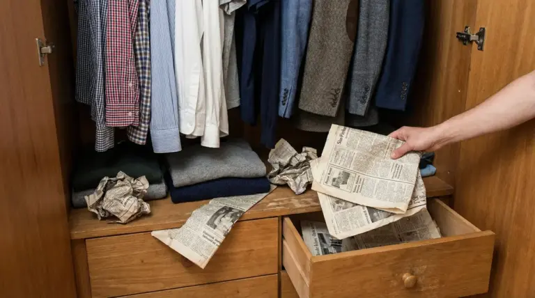 Persona che mette fogli di giornale nei cassetti di un armadio con abiti, per assorbire odori di muffa