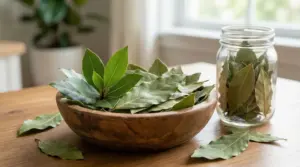 Foglie d’alloro in una ciotola di legno e in un barattolo di vetro su un tavolo, per profumare la casa