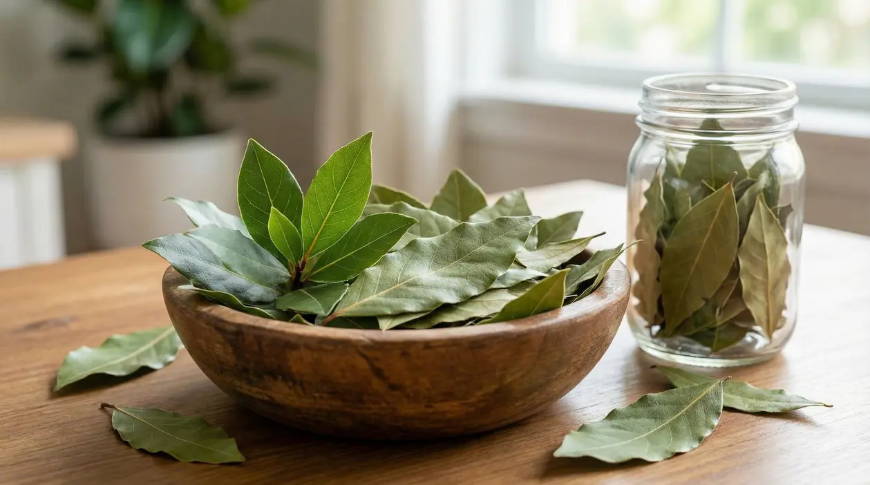 Foglie d’alloro in una ciotola di legno e in un barattolo di vetro su un tavolo, per profumare la casa