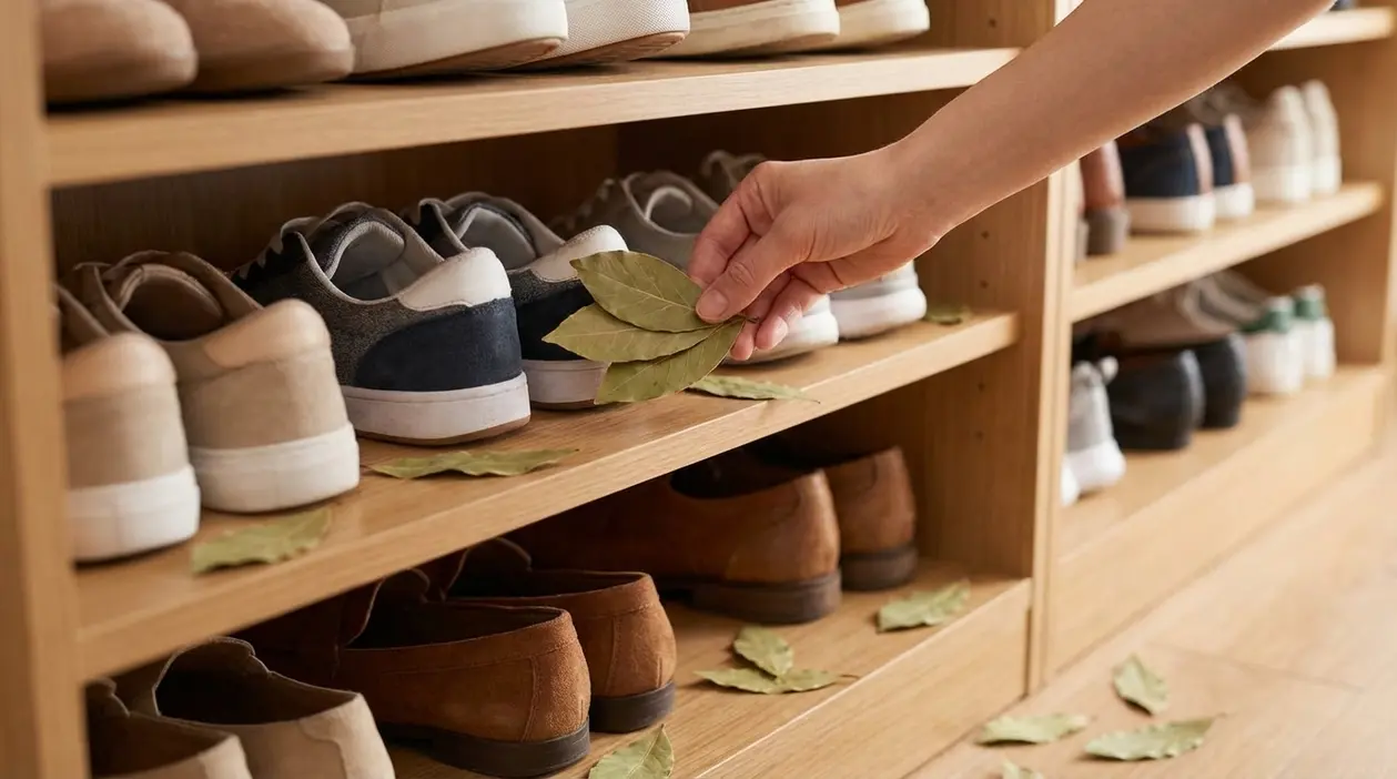 Una mano sistema foglie di alloro tra le scarpe su una scarpiera in legno.