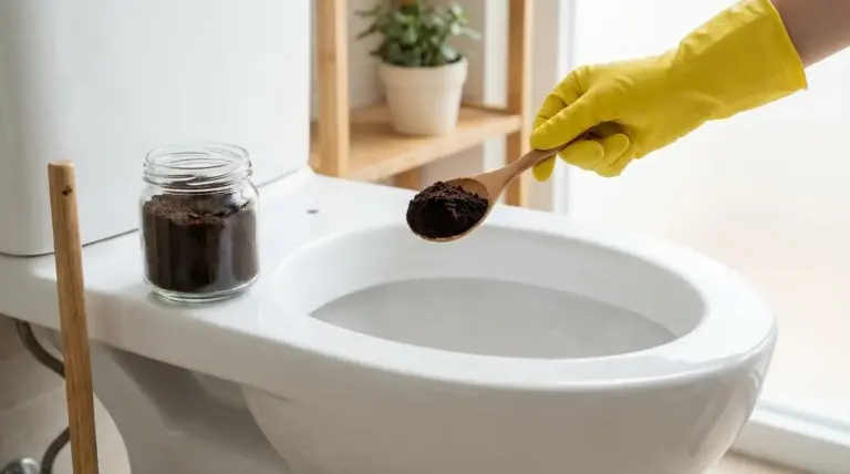 Mano con guanto che versa fondi di caffè nel water, con barattolo di fondi accanto al WC