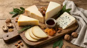 Tagliere di formaggi misti con frutta secca e miele su tavolo rustico