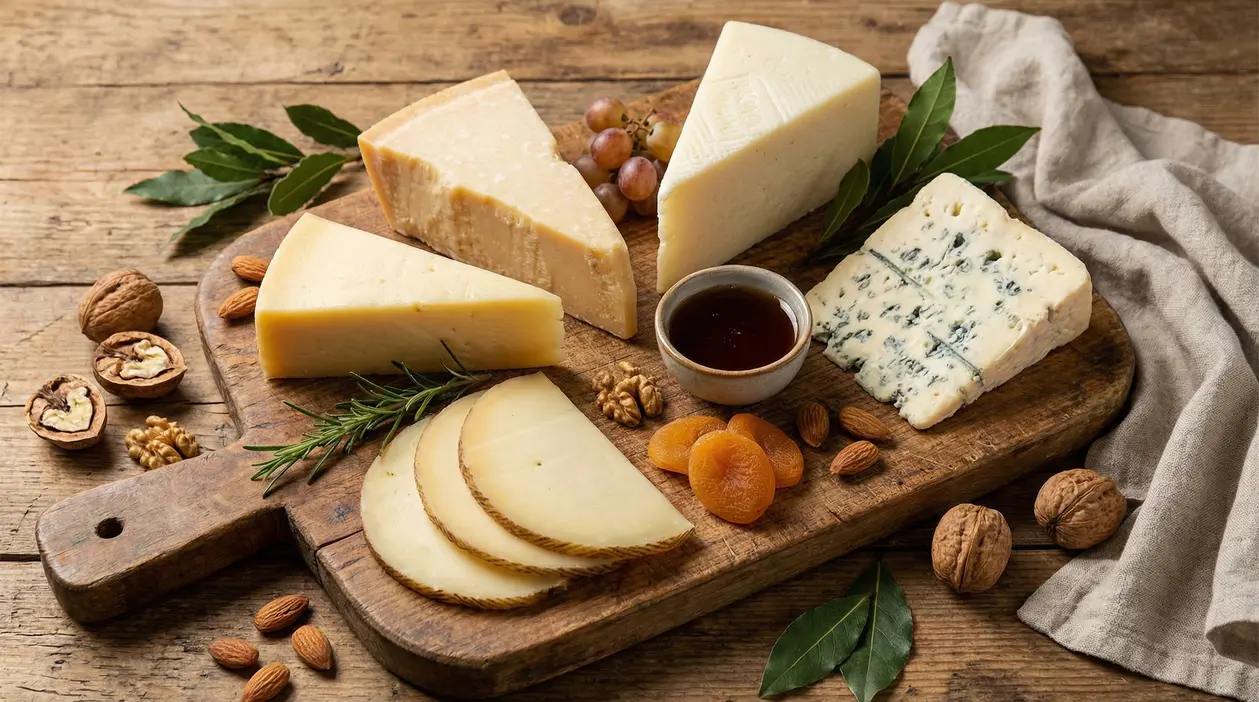 Tagliere di formaggi misti con frutta secca e miele su tavolo rustico