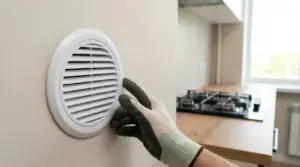 Griglia del foro di aerazione in cucina su parete, con una mano guantata che la regola vicino al piano cottura