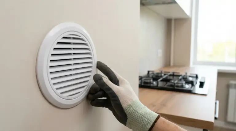 Griglia del foro di aerazione in cucina su parete, con una mano guantata che la regola vicino al piano cottura