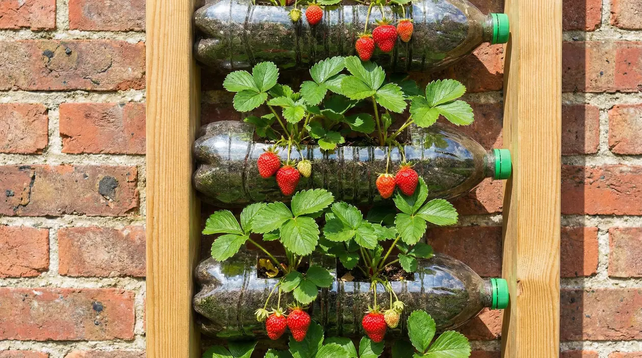 Fragole che crescono in bottiglie di plastica appese a una parete di mattoni