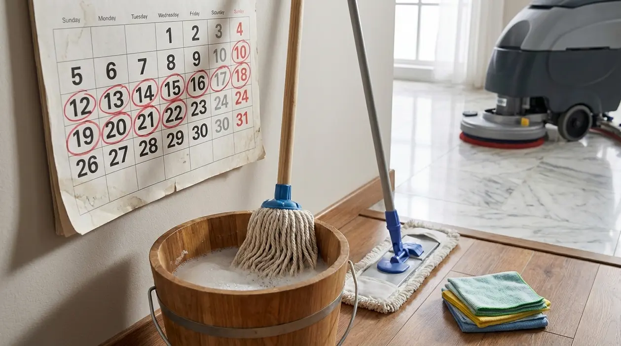 Calendario con giorni cerchiati e secchio con mocio, panni e lavapavimenti su pavimento, per pianificare la pulizia