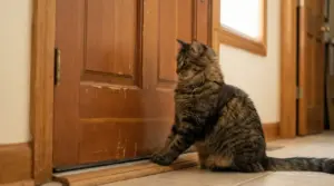 Gatto tigrato seduto davanti a una porta chiusa in una casa