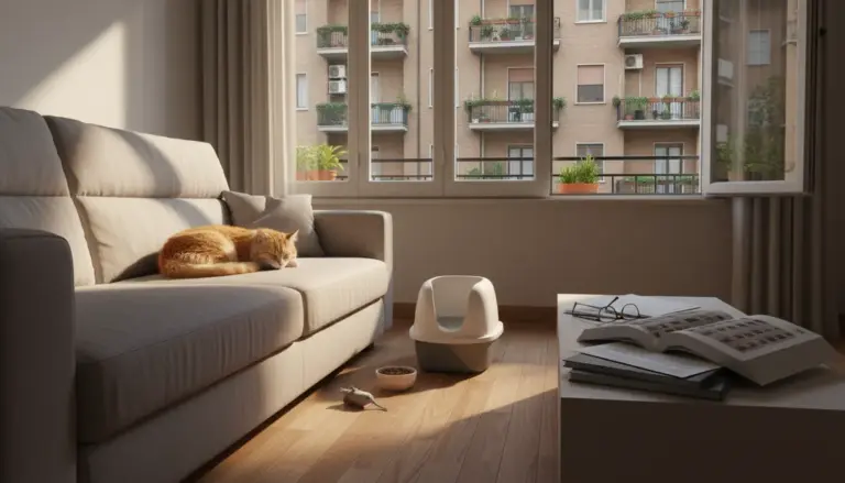 Gatto arancione che dorme su un divano in un appartamento con vista su un condominio