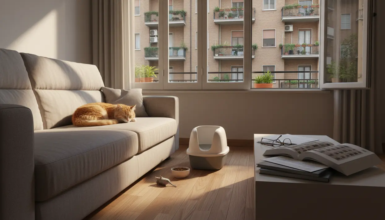 Gatto arancione che dorme su un divano in un appartamento con vista su un condominio