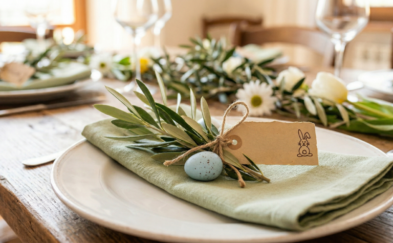 Primo piano di un segnaposto pasquale fai-da-te appoggiato su un tovagliolo verde salvia e un piatto bianco. La decorazione include un rametto di ulivo fresco, un piccolo uovo azzurro screziato e un cartoncino color avana vuoto con il disegno stilizzato di un coniglietto, legato con uno spago di juta. Sullo sfondo, una tavola in legno apparecchiata con fiori primaverili e calici di vetro.