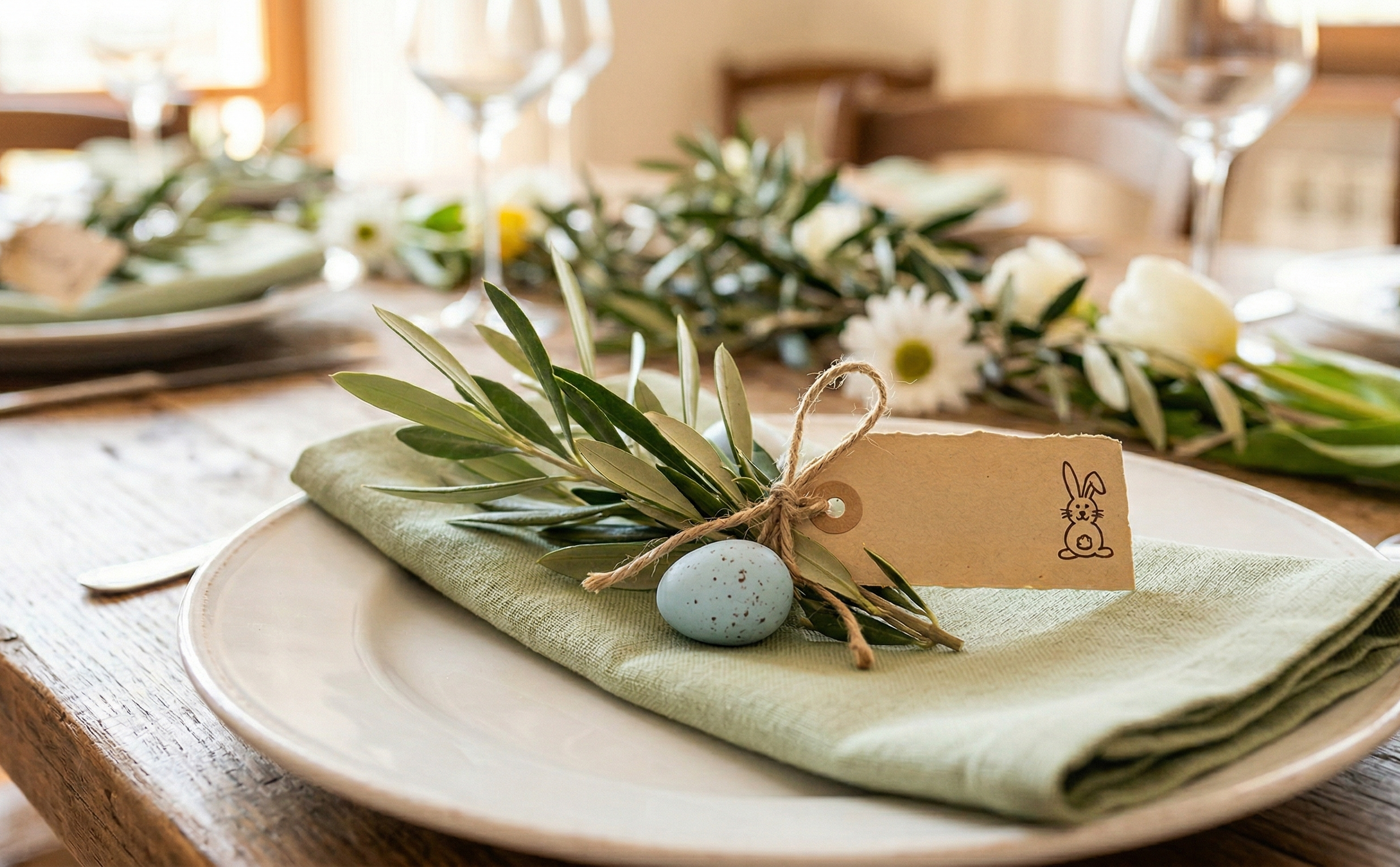 Primo piano di un segnaposto pasquale fai-da-te appoggiato su un tovagliolo verde salvia e un piatto bianco. La decorazione include un rametto di ulivo fresco, un piccolo uovo azzurro screziato e un cartoncino color avana vuoto con il disegno stilizzato di un coniglietto, legato con uno spago di juta. Sullo sfondo, una tavola in legno apparecchiata con fiori primaverili e calici di vetro.