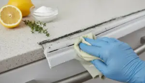 Mano con guanto pulisce la guarnizione del frigo annerita con panno e rimedi naturali come limone e bicarbonato
